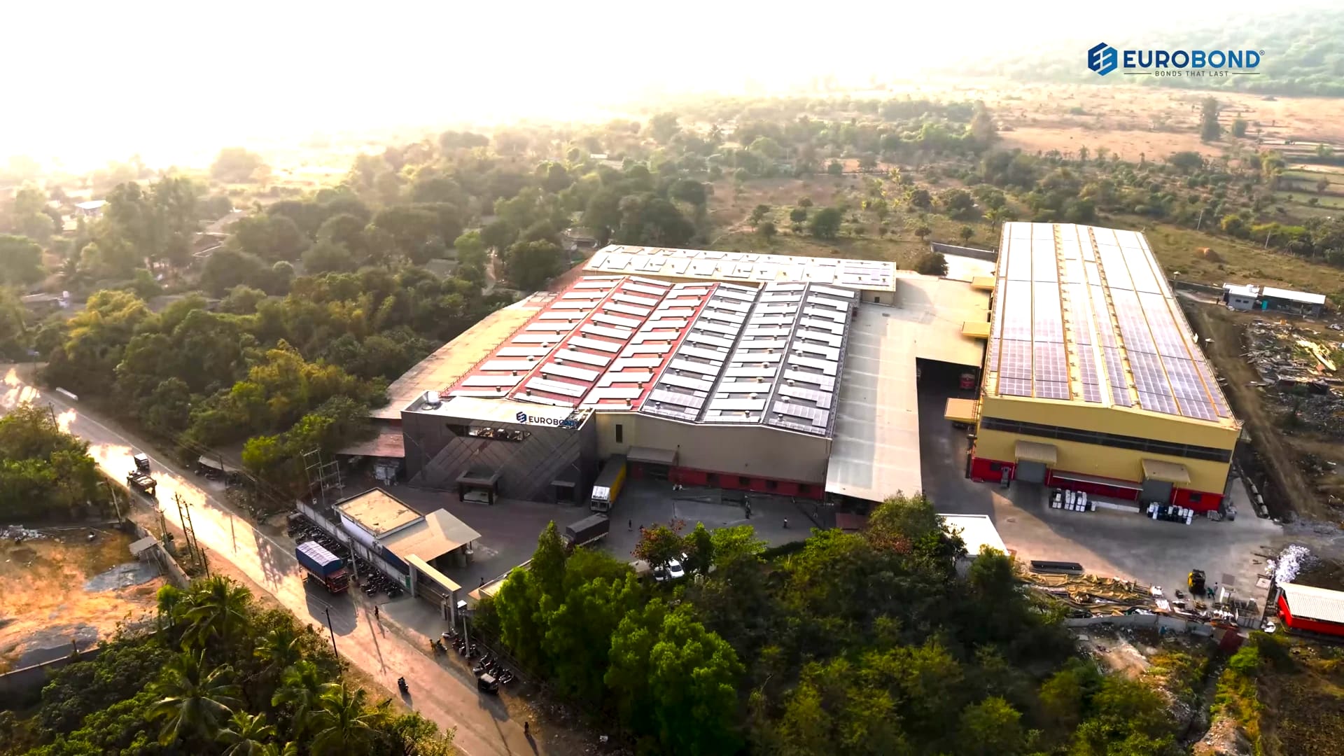 Aerial view at golden hour of the Eurobond aluminium composite panel manufacturing plant