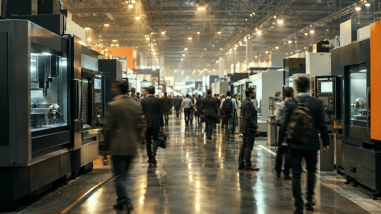 A machine-tool exhibition aisle receding into haze, visitors in motion blur between rows of CNC machines