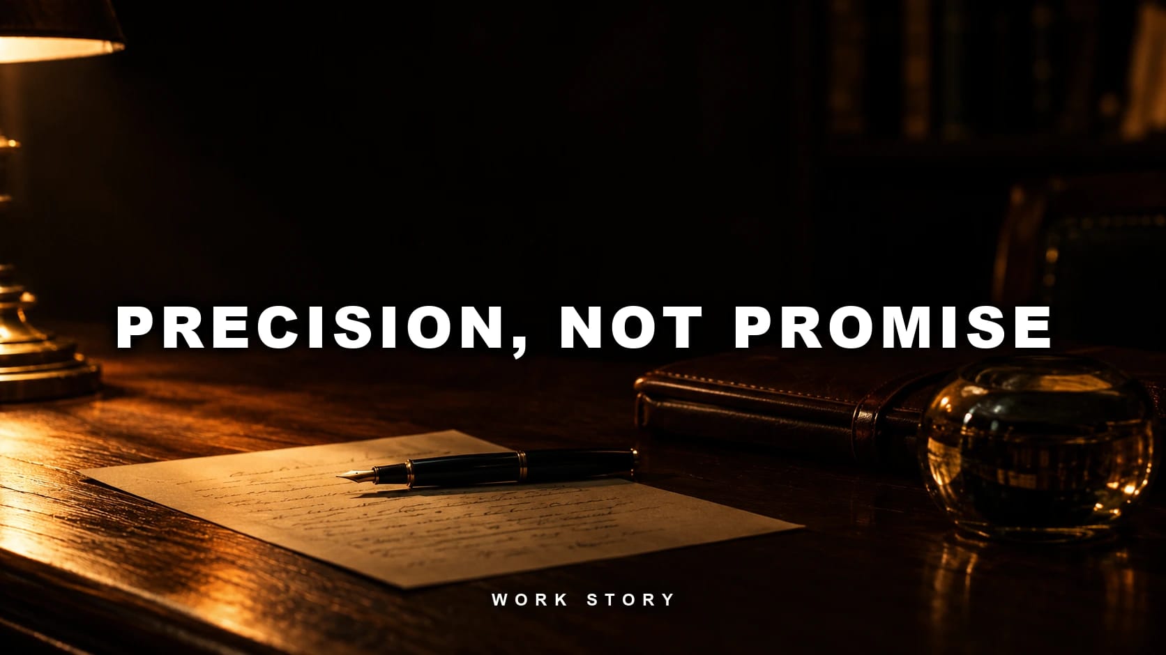 A fountain pen resting on a handwritten page on a dark wooden desk under one warm lamp, captioned "Precision, not promise"
