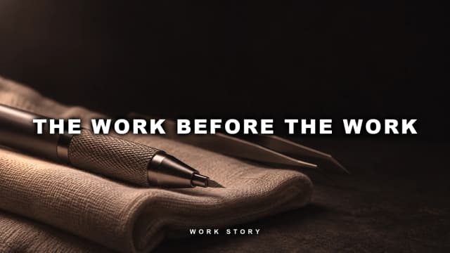 A microblading pen and fine tweezers resting on folded linen under one soft warm light, captioned "The work before the work"