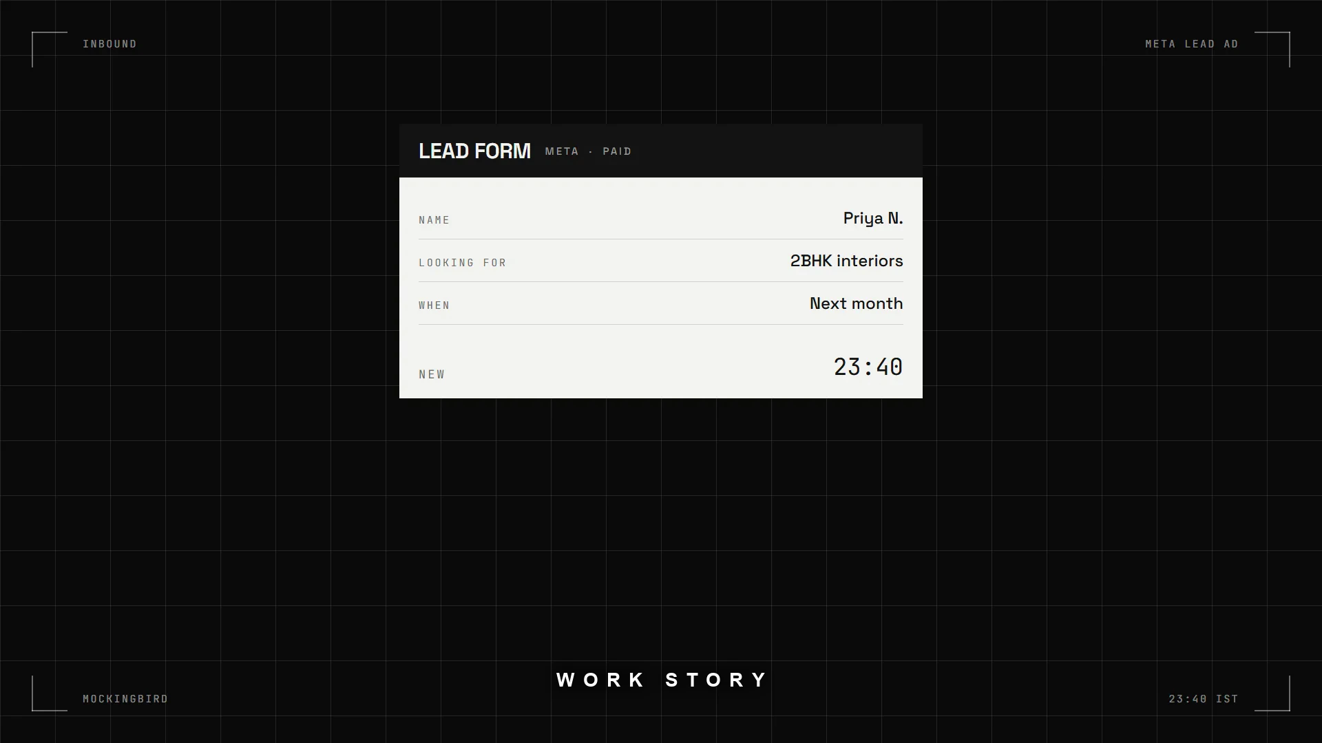 A frame from the Mockingbird promo — an inbound lead form card from a Meta ad arriving at 23:40, on a dark technical grid