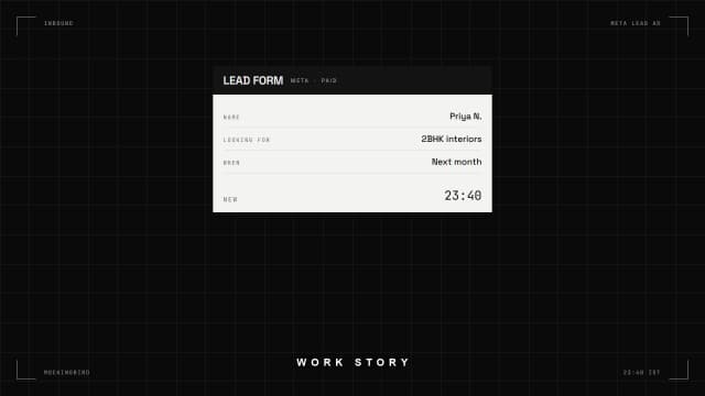 A frame from the Mockingbird promo — an inbound lead form card from a Meta ad arriving at 23:40, on a dark technical grid
